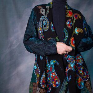 Colorful Large Paisley Print Jacket Cardigan With Embroidery and Appliques